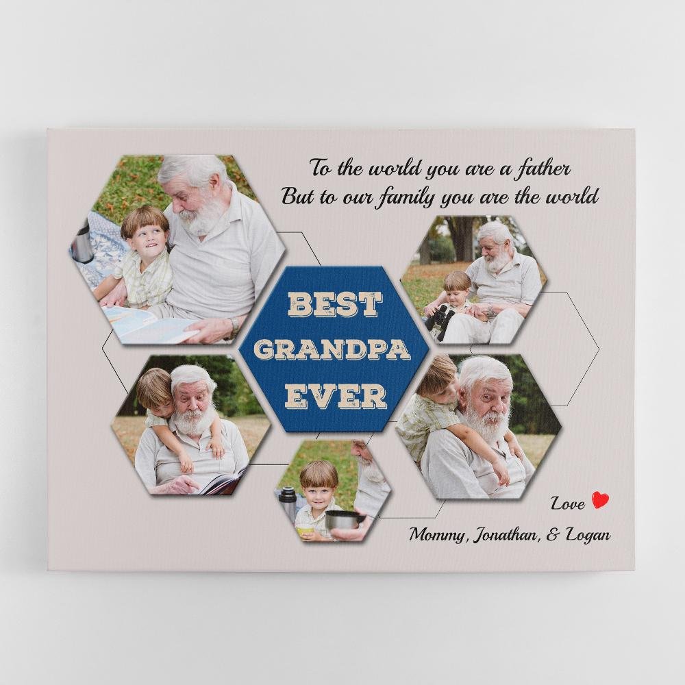 Best Grandpa Ever Custom Photo Collage - Personalized Light Grey Style Background Canvas