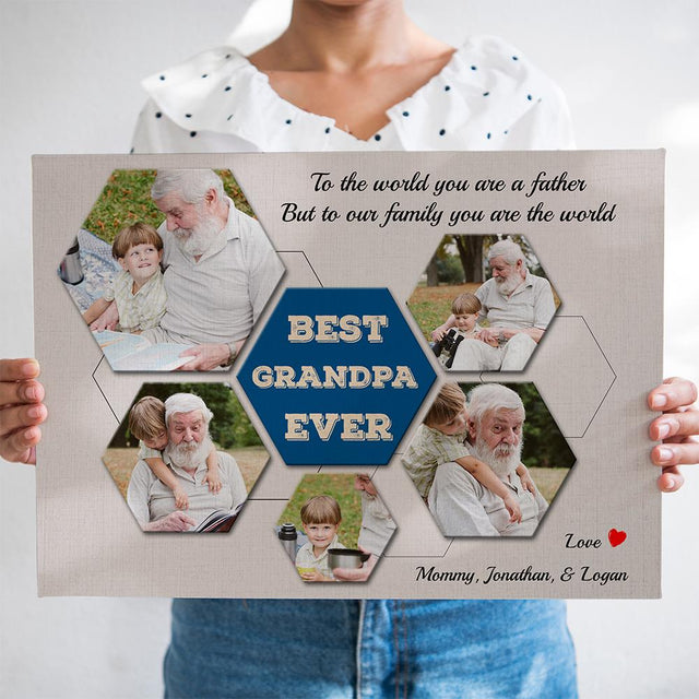 Best Grandpa Ever Custom Photo Collage - Personalized Light Grey Style Background Canvas