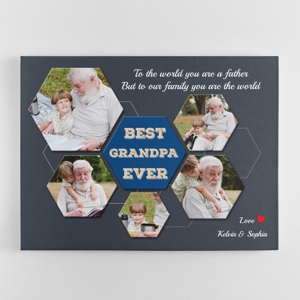 Best Grandpa Ever Custom Photo Collage - Personalized Navy Vintage Style Background Canvas