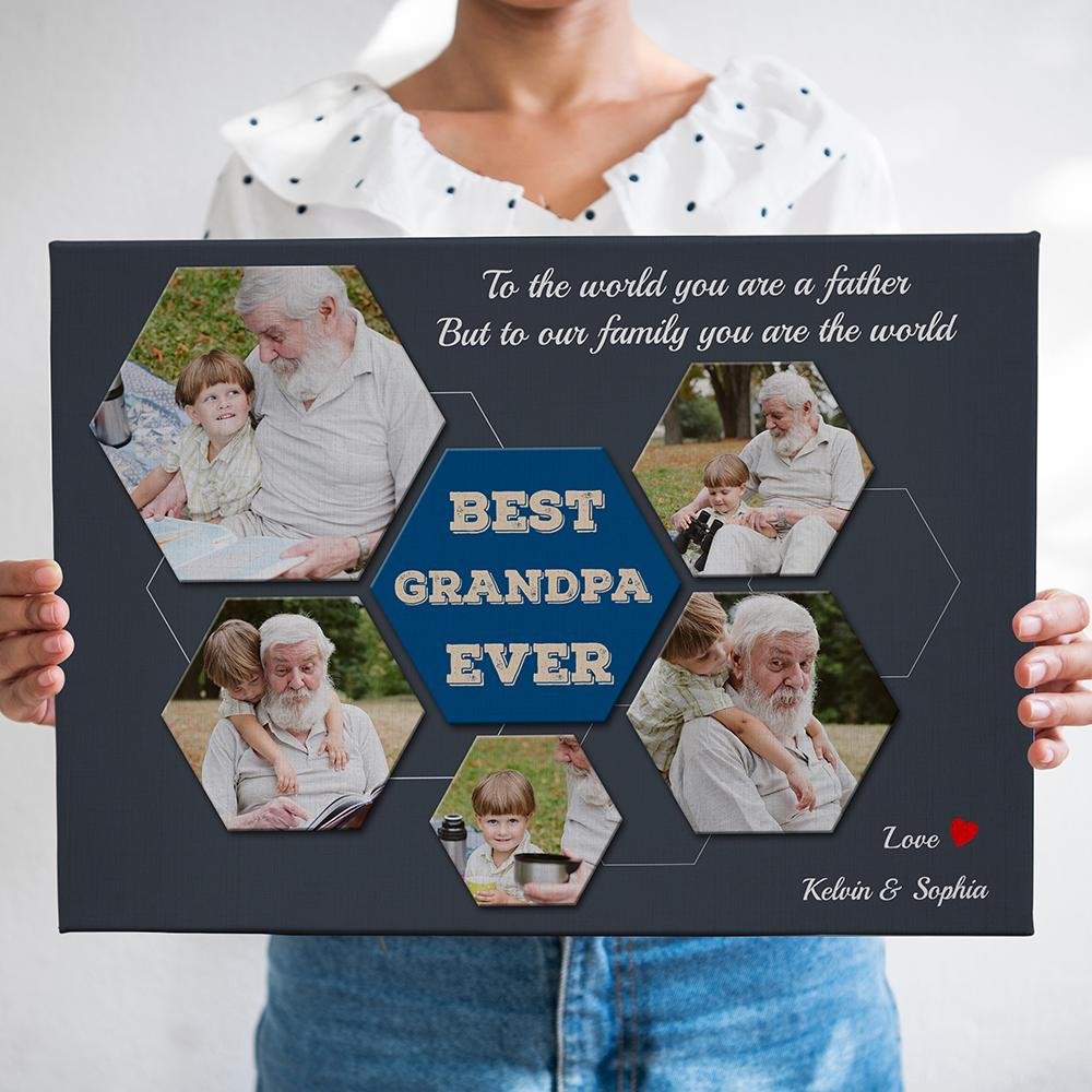 Best Grandpa Ever Custom Photo Collage - Personalized Navy Vintage Style Background Canvas