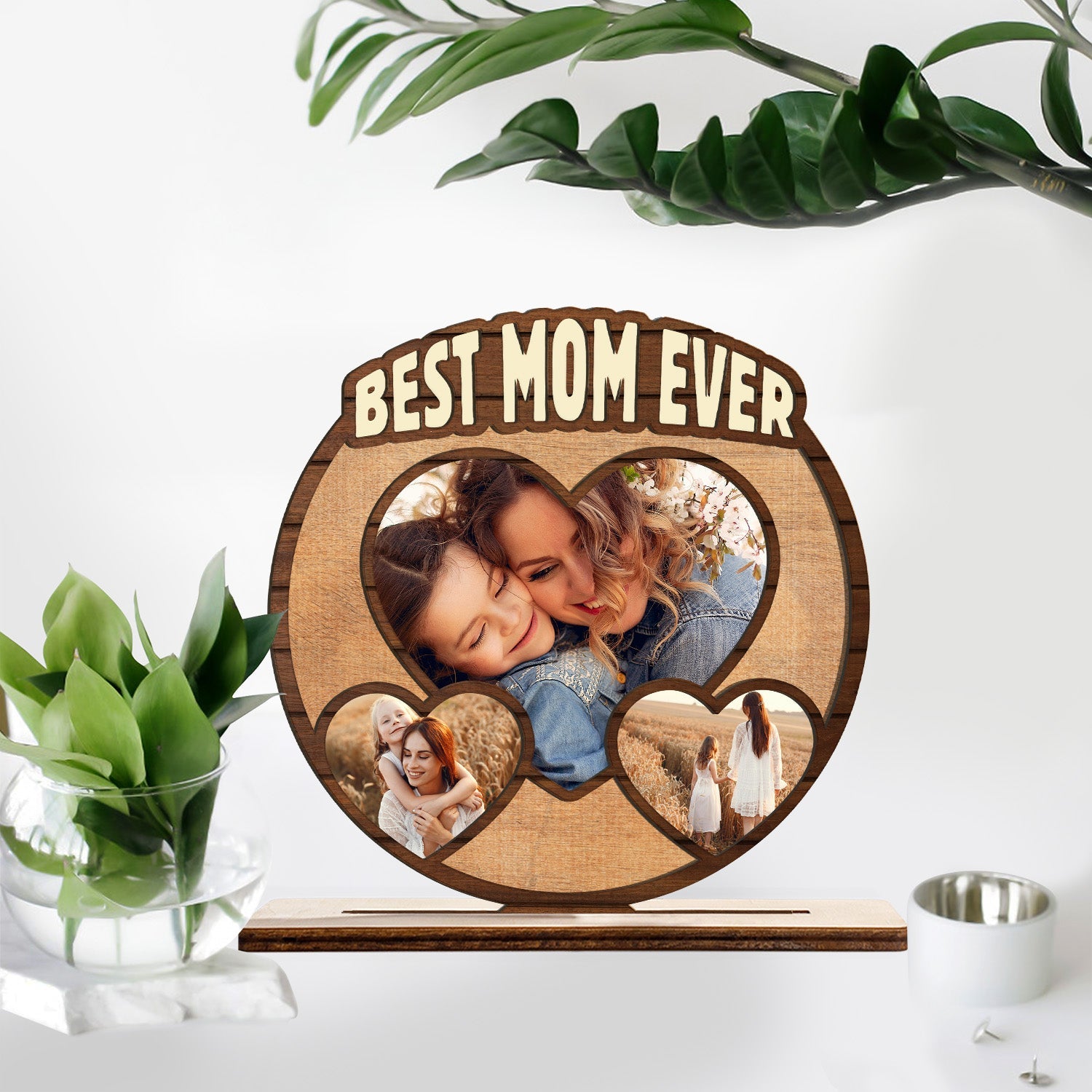 Best Mom Ever, Custom Photo, 3 Hearts Shape, Wooden Plaque 3 Layers