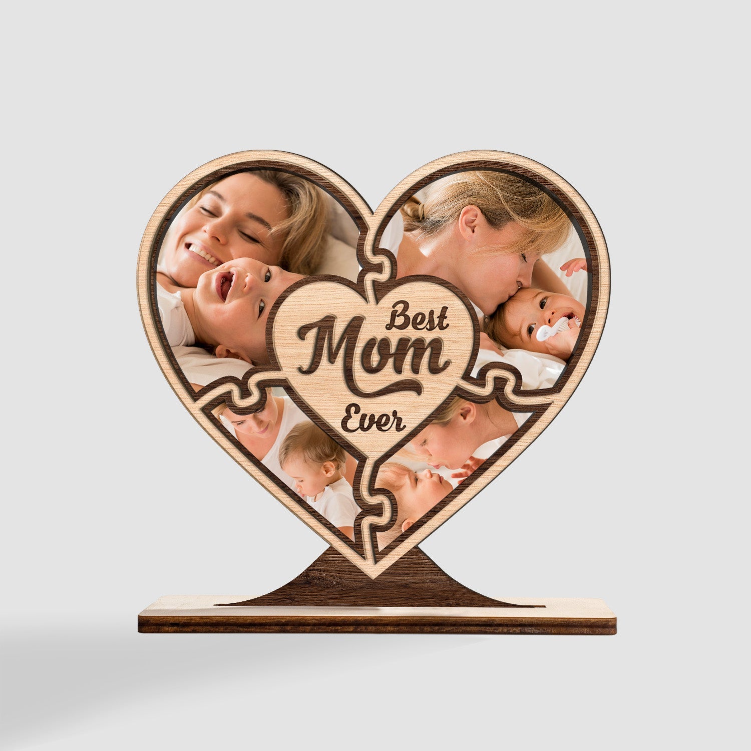 Best Mom Ever, Custom Photo Collage, Heart Shape, Wooden Plaque 3 Layers
