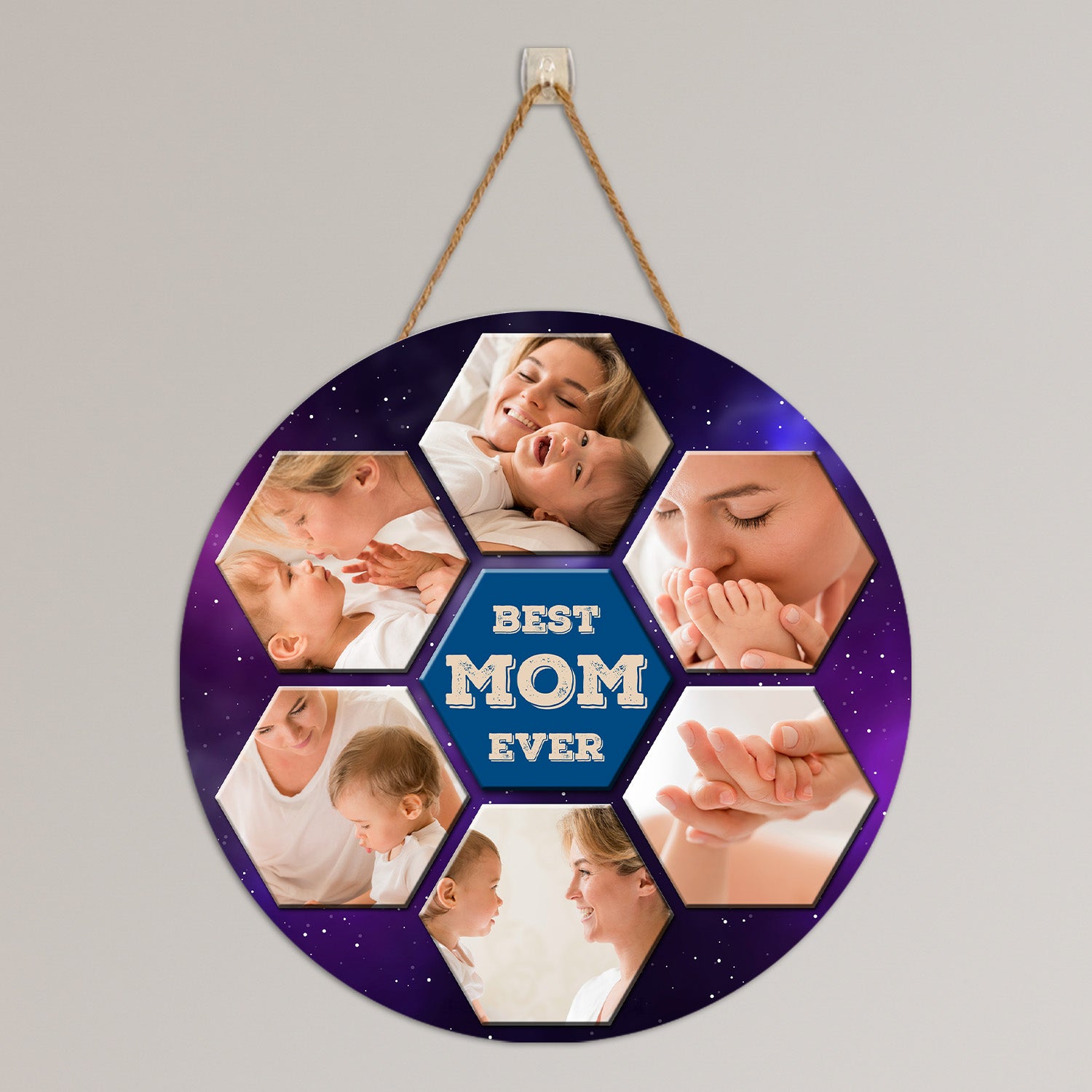 Best Mom Ever, Custom Photo Collage, Hexagon, Round Wood Sign