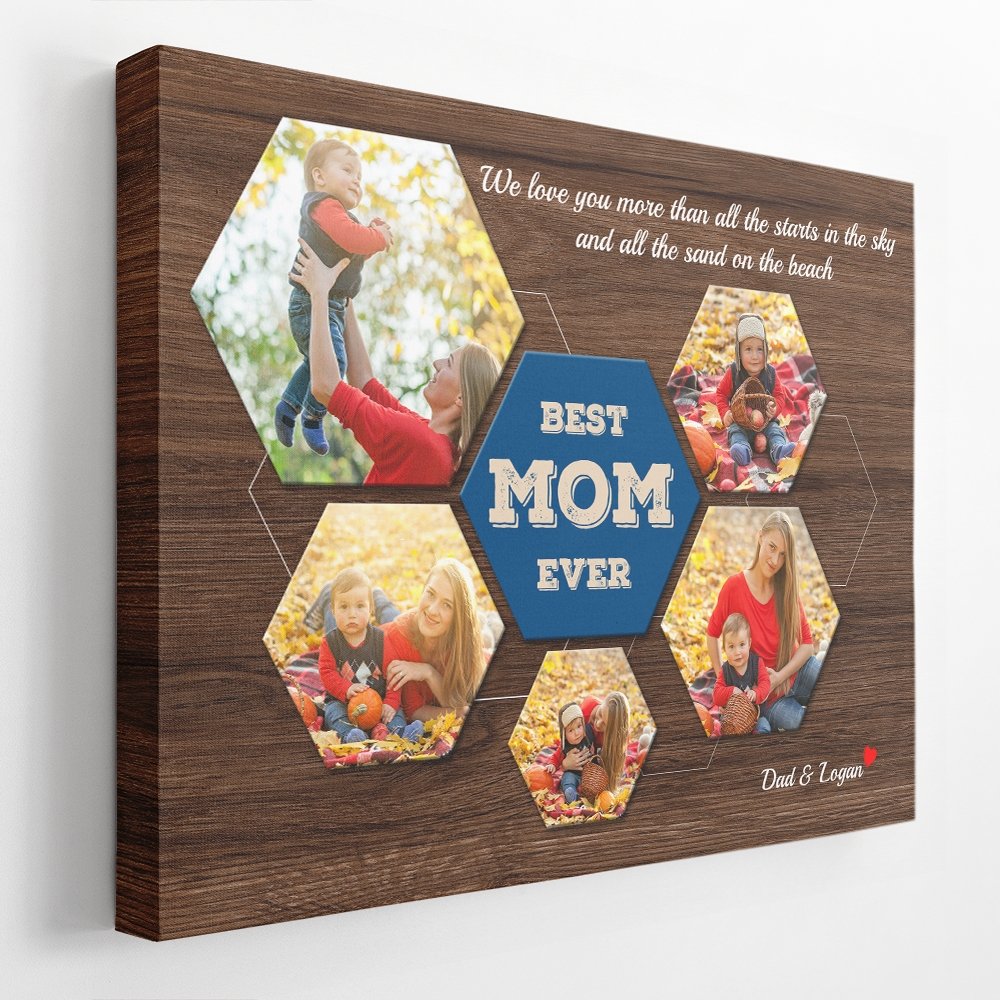 Best Mom Ever Custom Photo Collage - Personalized Dark Wood Background Canvas