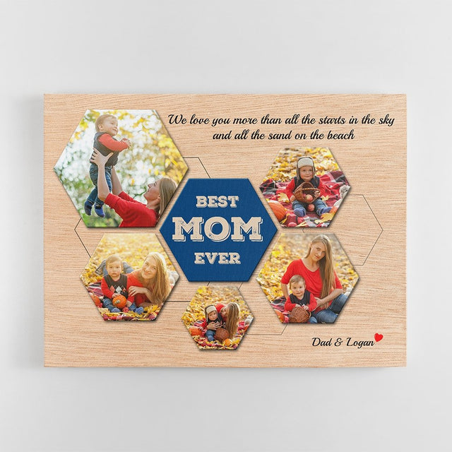 Best Mom Ever Custom Photo Collage - Personalized Light Wood Background Canvas