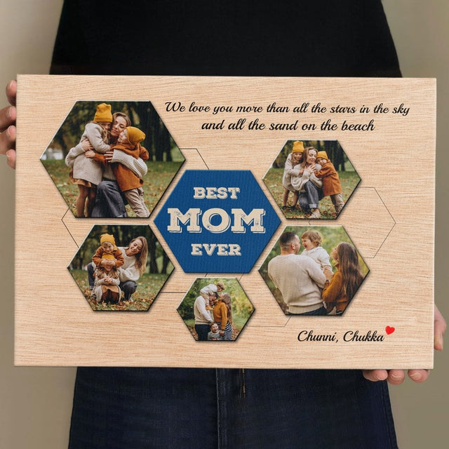 Best Mom Ever Custom Photo Collage - Personalized Light Wood Background Canvas