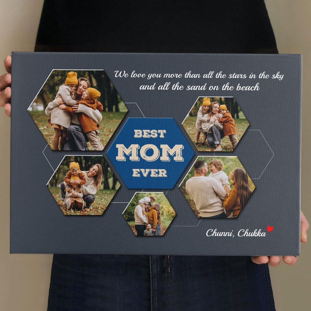 Best Mom Ever Custom Photo Collage - Personalized Navy Vintage Background Canvas