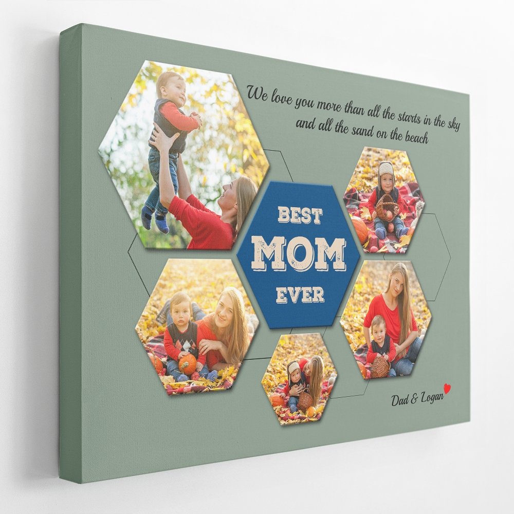 Best Mom Ever Custom Photo Collage - Personalized Vintage Green Background Canvas