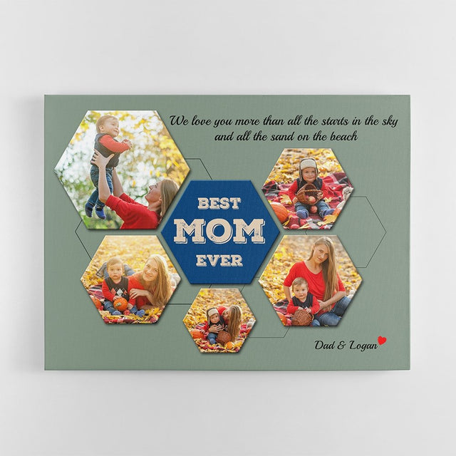Best Mom Ever Custom Photo Collage - Personalized Vintage Green Background Canvas