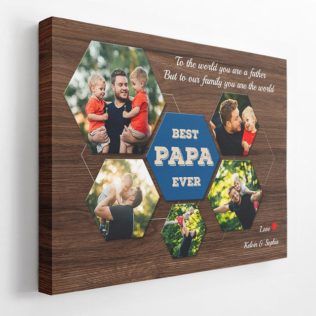 Best PAPA Ever Custom Photo Collage - Personalized Dark Wood Background Canvas