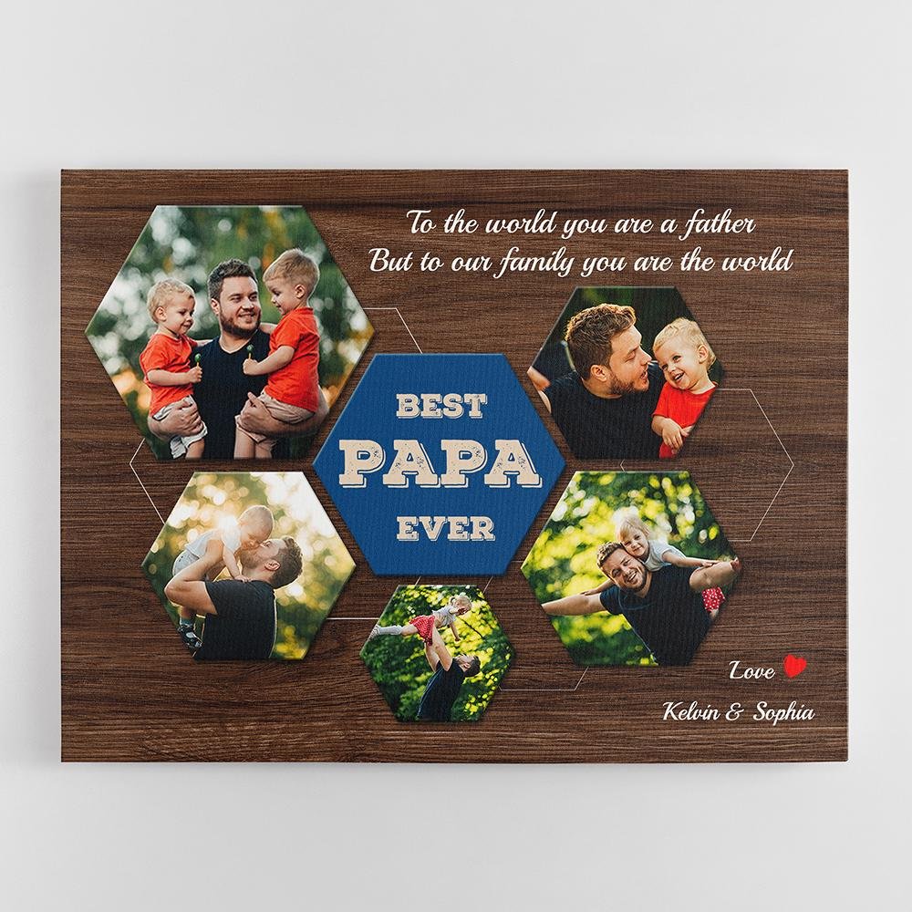 Best PAPA Ever Custom Photo Collage - Personalized Dark Wood Background Canvas