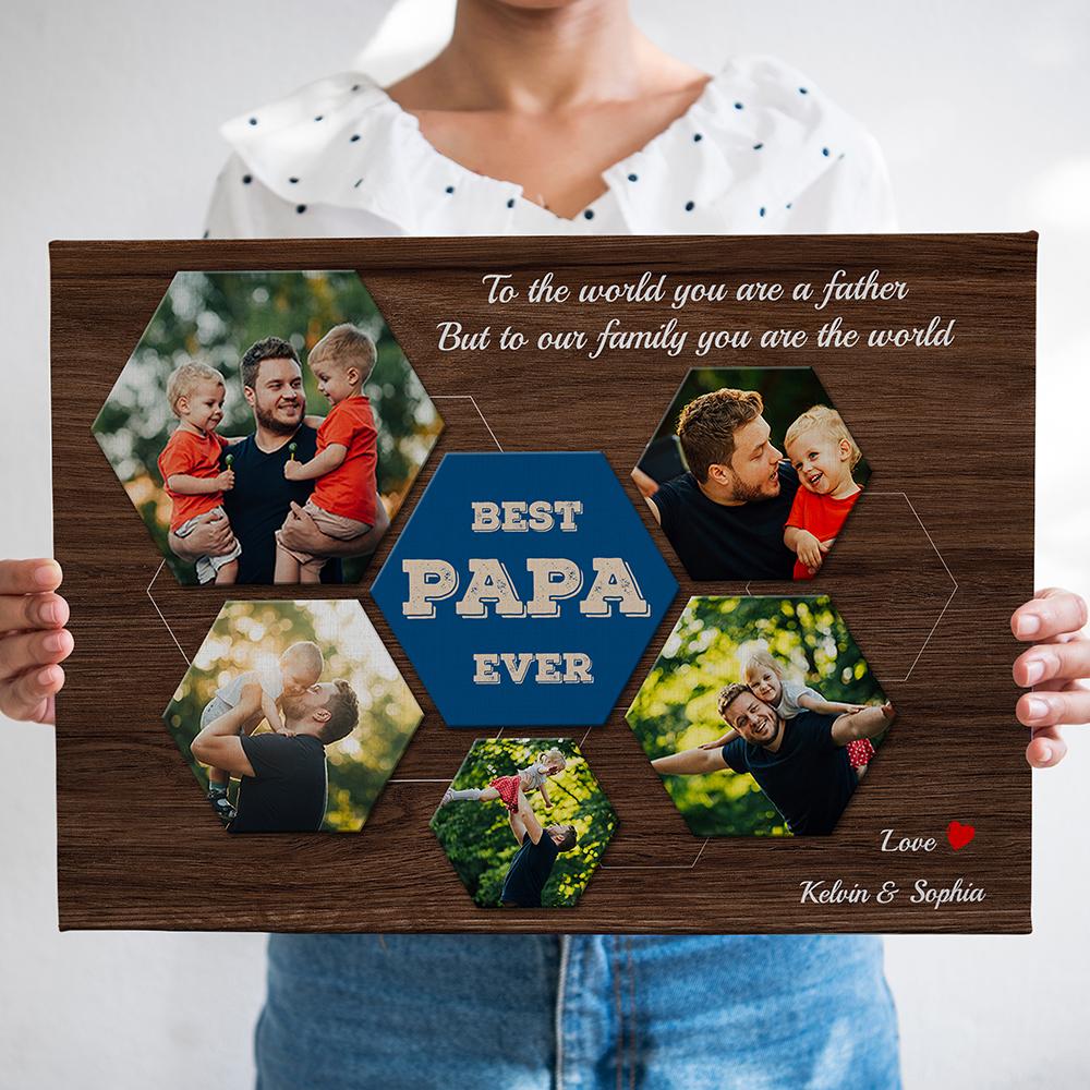 Best PAPA Ever Custom Photo Collage - Personalized Dark Wood Background Canvas