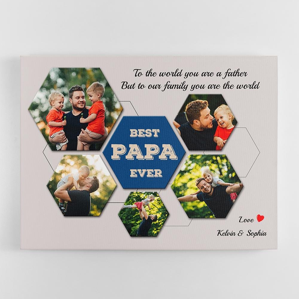 Best PAPA Ever Custom Photo Collage - Personalized Light Grey Background Canvas