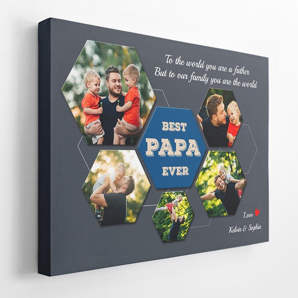 Best PAPA Ever Custom Photo Collage - Personalized Navy Vintage Background Canvas
