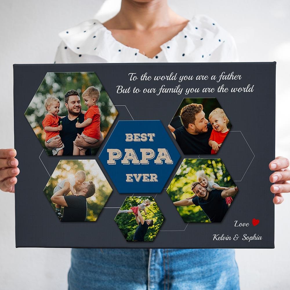 Best PAPA Ever Custom Photo Collage - Personalized Navy Vintage Background Canvas