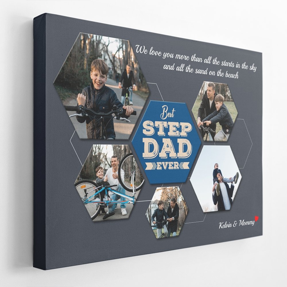 Best Stepdad Ever Custom Photo Collage - Personalized Navy Background Canvas