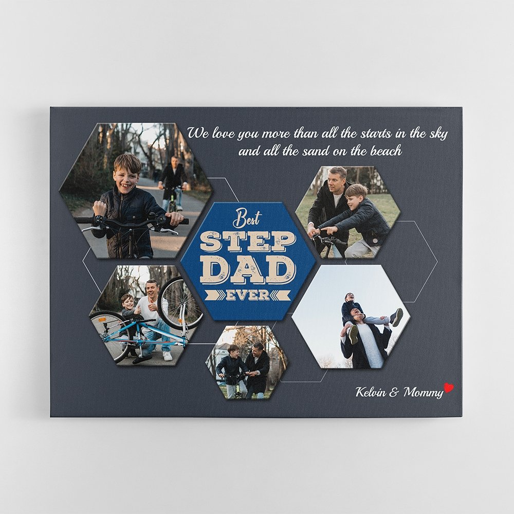 Best Stepdad Ever Custom Photo Collage - Personalized Navy Background Canvas
