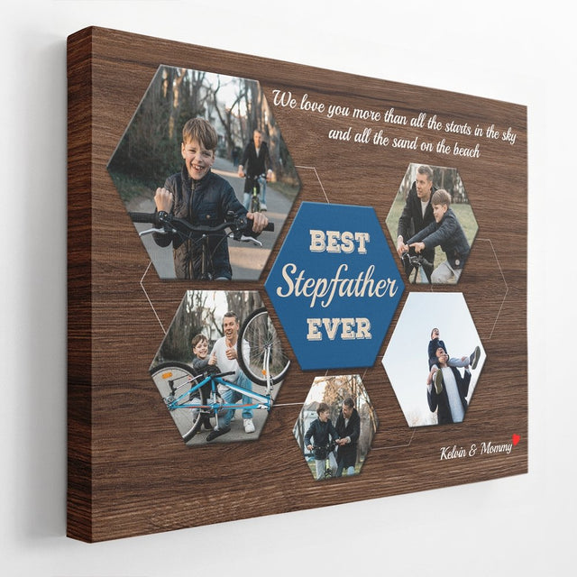 Best Stepfather Ever Custom Photo Collage - Personalized Dark Wood Background Canvas