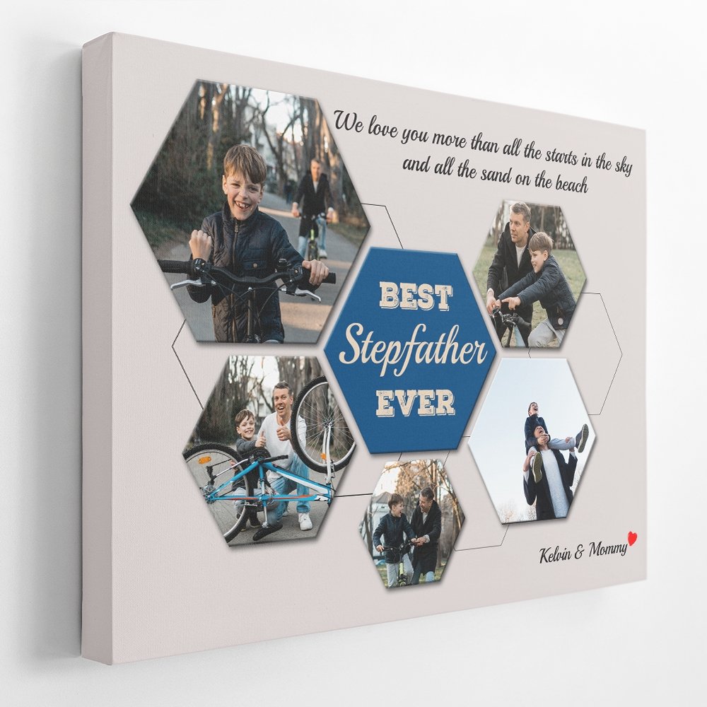 Best Stepfather Ever Custom Photo Collage - Personalized Light Grey Background Canvas