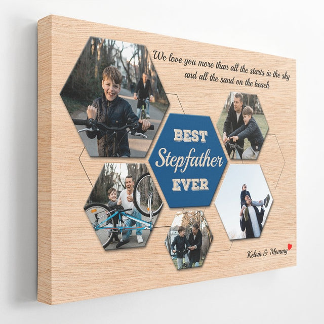 Best Stepfather Ever Custom Photo Collage - Personalized Light Wood Background Canvas
