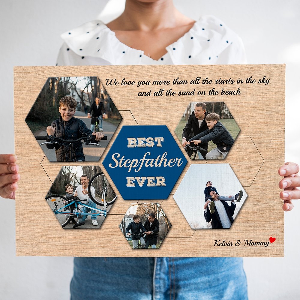 Best Stepfather Ever Custom Photo Collage - Personalized Light Wood Background Canvas