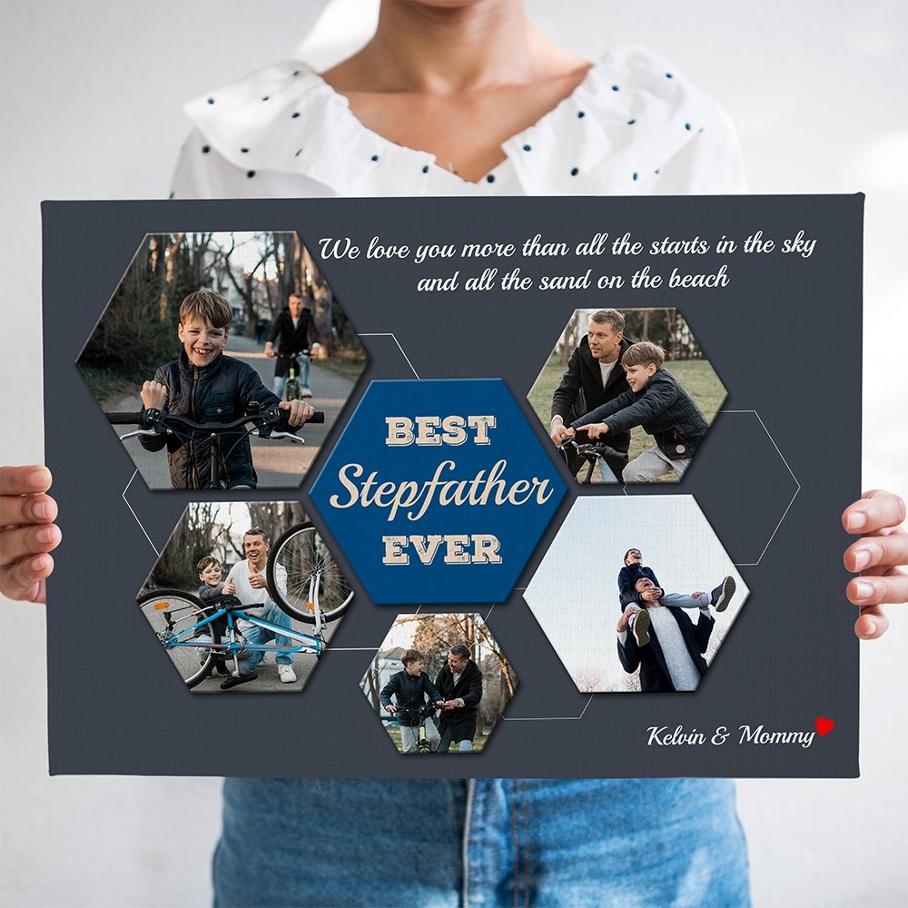 Best Stepfather Ever Custom Photo Collage - Personalized Navy Background Canvas