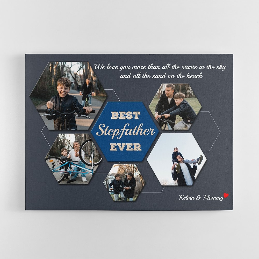 Best Stepfather Ever Custom Photo Collage - Personalized Navy Background Canvas