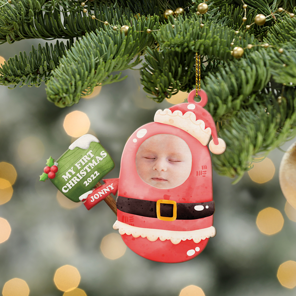 Custom Photo, Personalized Name And Text, Ornament For Baby, Baby's First Christmas, Christmas Boy Roly-Poly, Christmas Shape Ornament 2 Sides