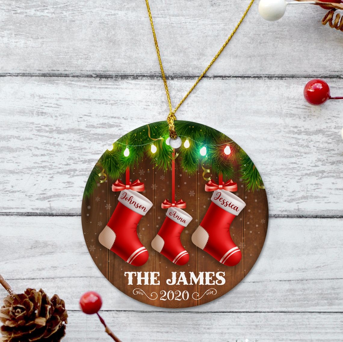 Christmas Stocking Family Custom Text Decorative Christmas Circle Ornament 2 Sided