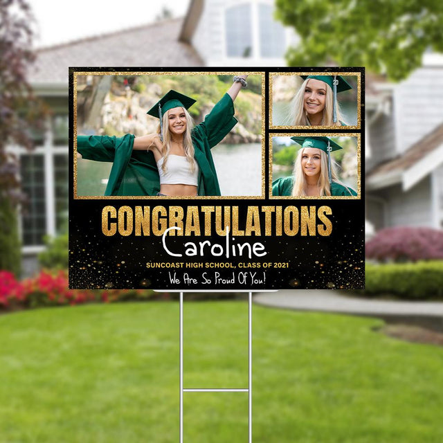 Congratulations, Class Of 2021, Custom Photo, 3 Pictures, Personalized Name And Text Yard Sign