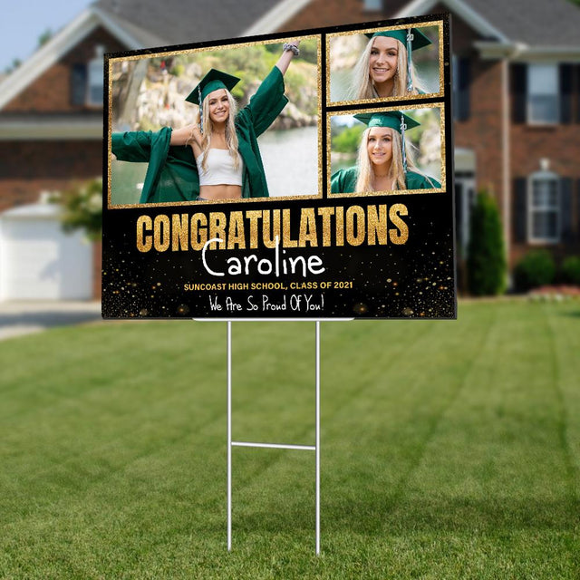 Congratulations, Class Of 2021, Custom Photo, 3 Pictures, Personalized Name And Text Yard Sign