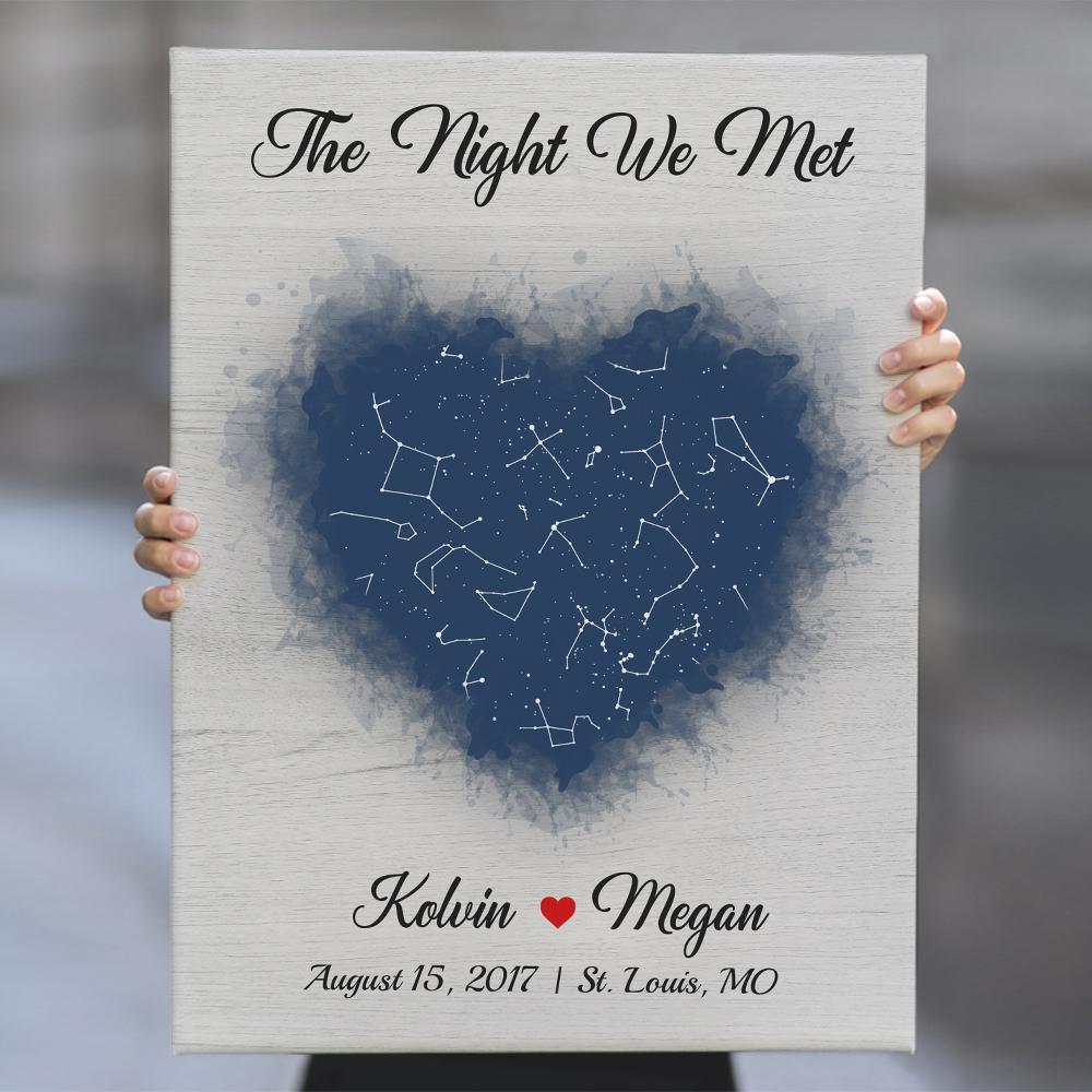Couple Custom Star Map Grey Wood Style Background Canvas - " The Night We Met "