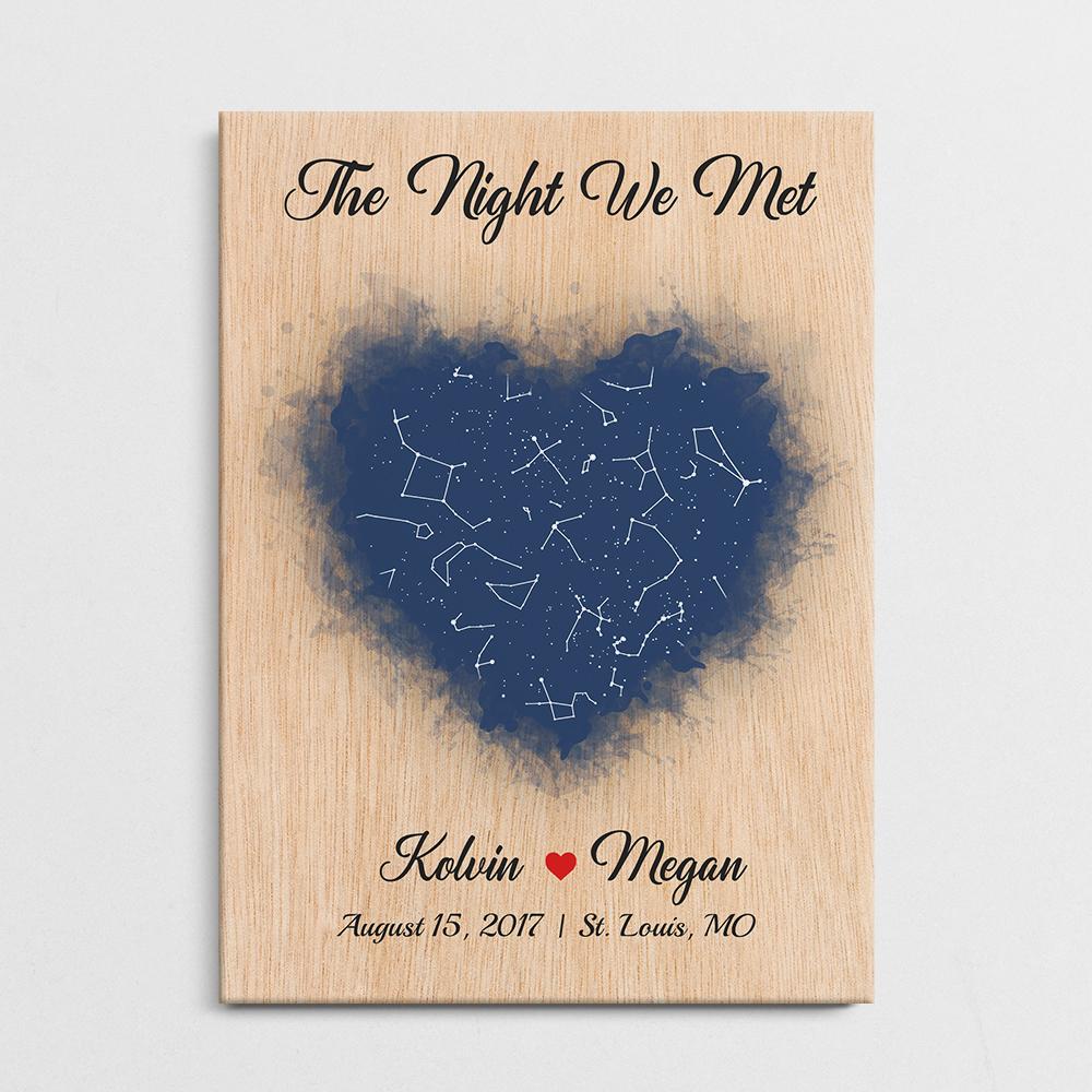 Couple Custom Star Map Light Wood Style Background Canvas - " The Night We Met "