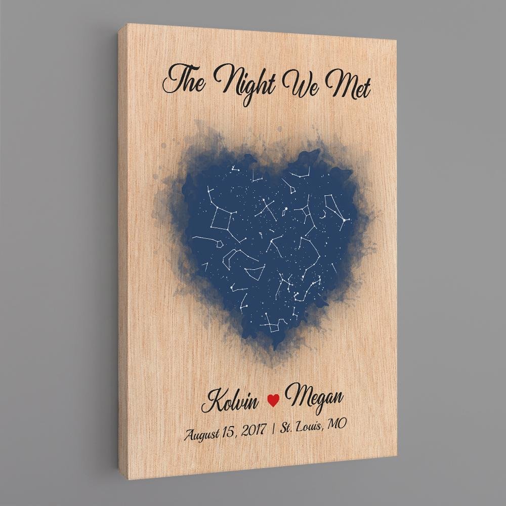 Couple Custom Star Map Light Wood Style Background Canvas - " The Night We Met "