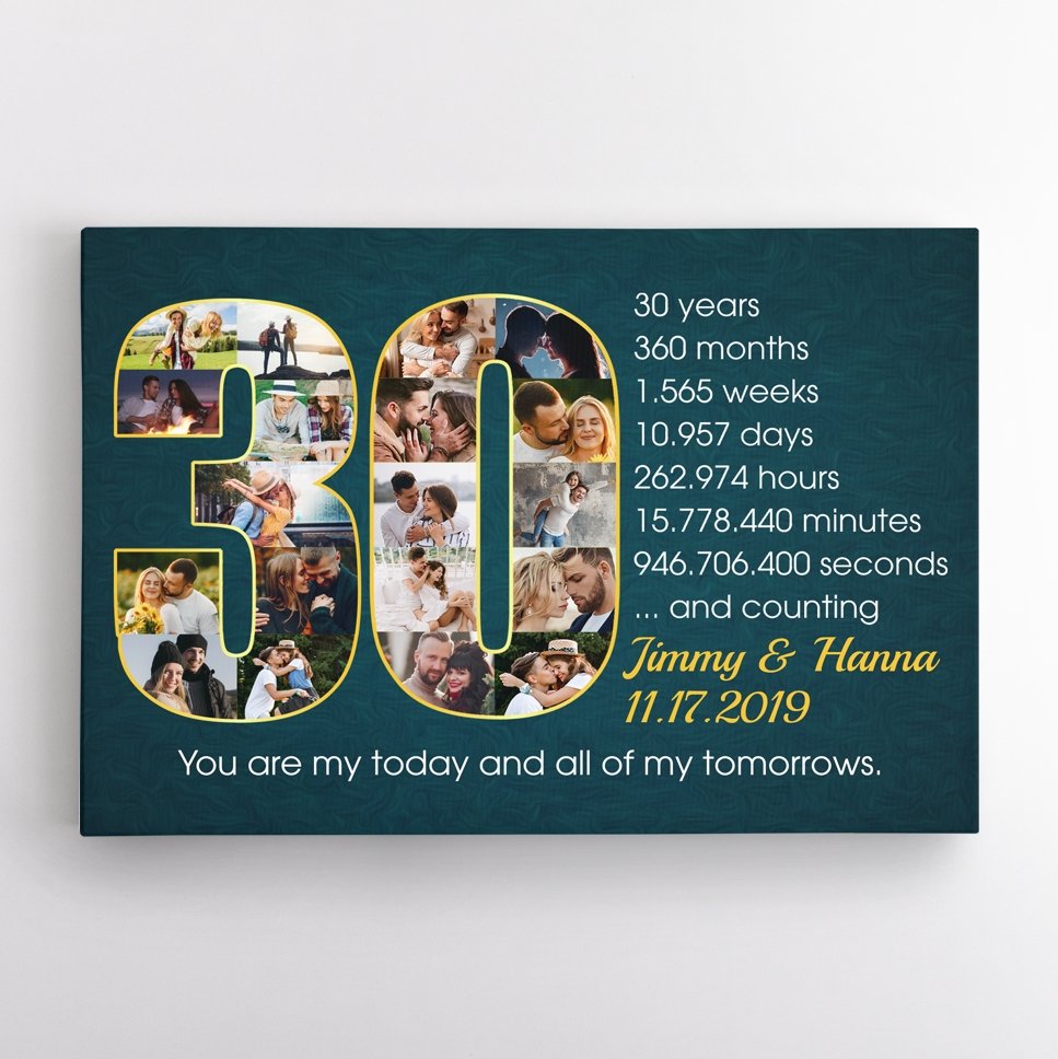 Custom 30th Wedding Anniversary Photo Collage Deep Blue Background Canvas