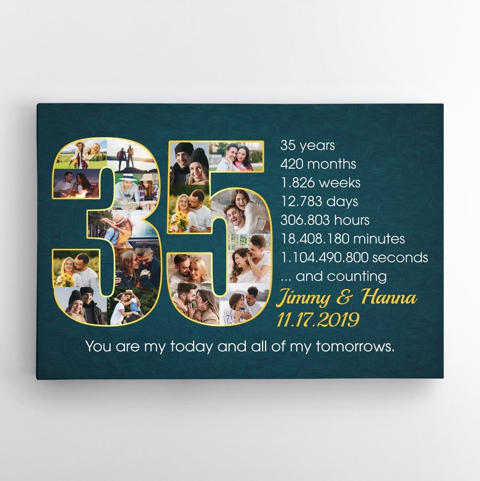 Custom 35th Wedding Anniversary Photo Collage Deep Blue Background Canvas