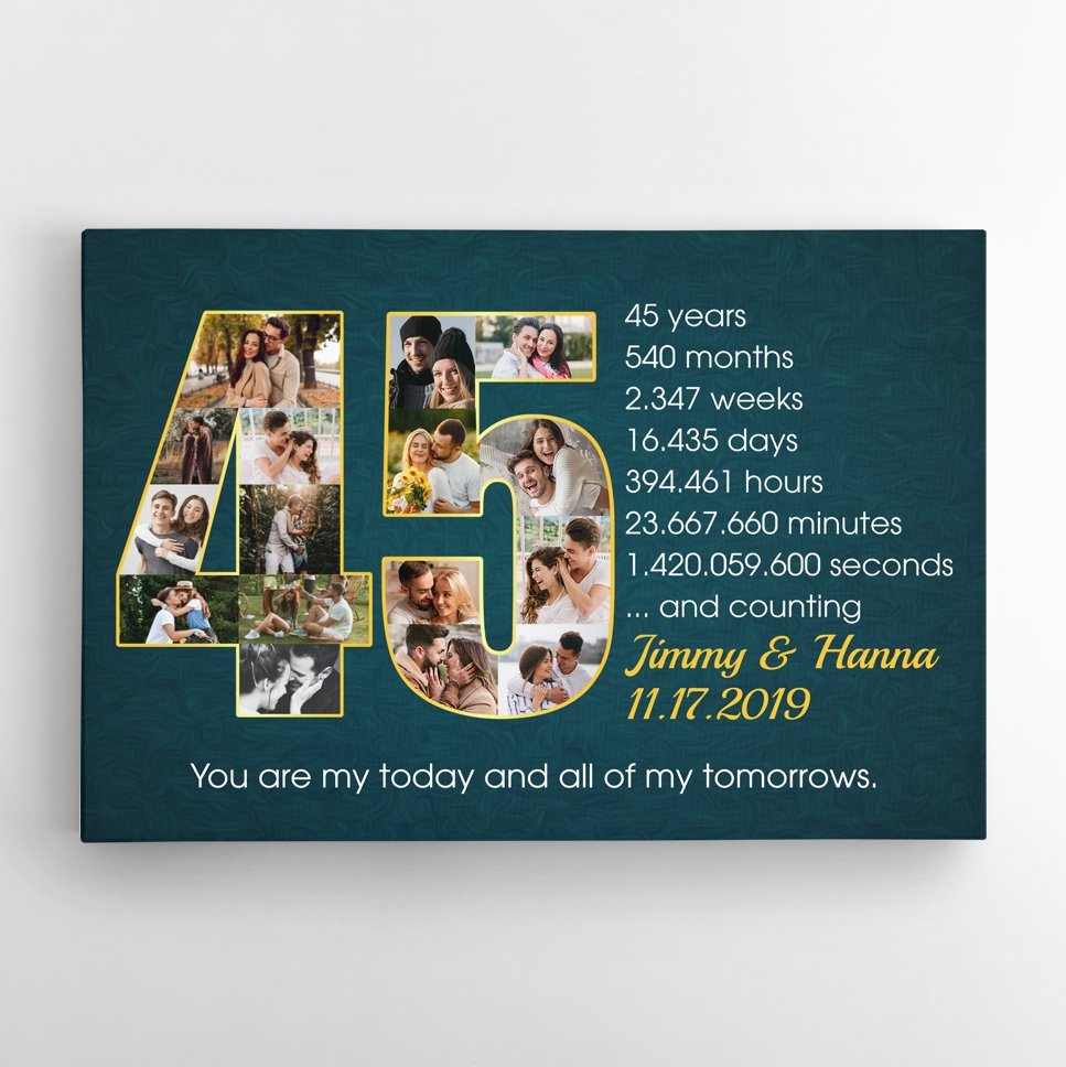 Custom 45th Wedding Anniversary Photo Collage Deep Blue Background Canvas