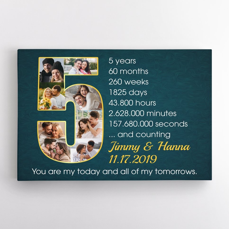 Custom 5th Wedding Anniversary Photo Collage Deep Blue Background Canvas