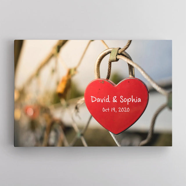 Custom Canvas Wall Art, Personalized Name And Date, Padlock Heart Shape