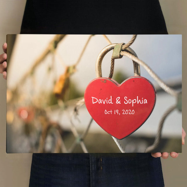 Custom Canvas Wall Art, Personalized Name And Date, Padlock Heart Shape