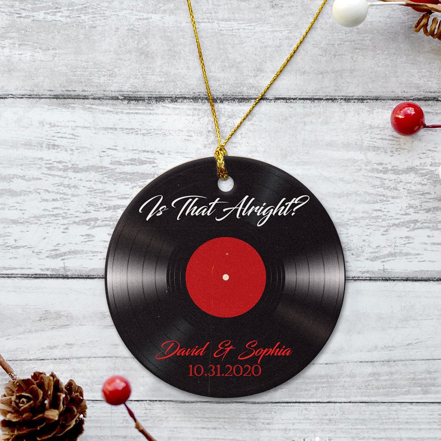 Custom Christmas Circle Ornament 2 Sided, Personalized Name And Date, Vinyl Record