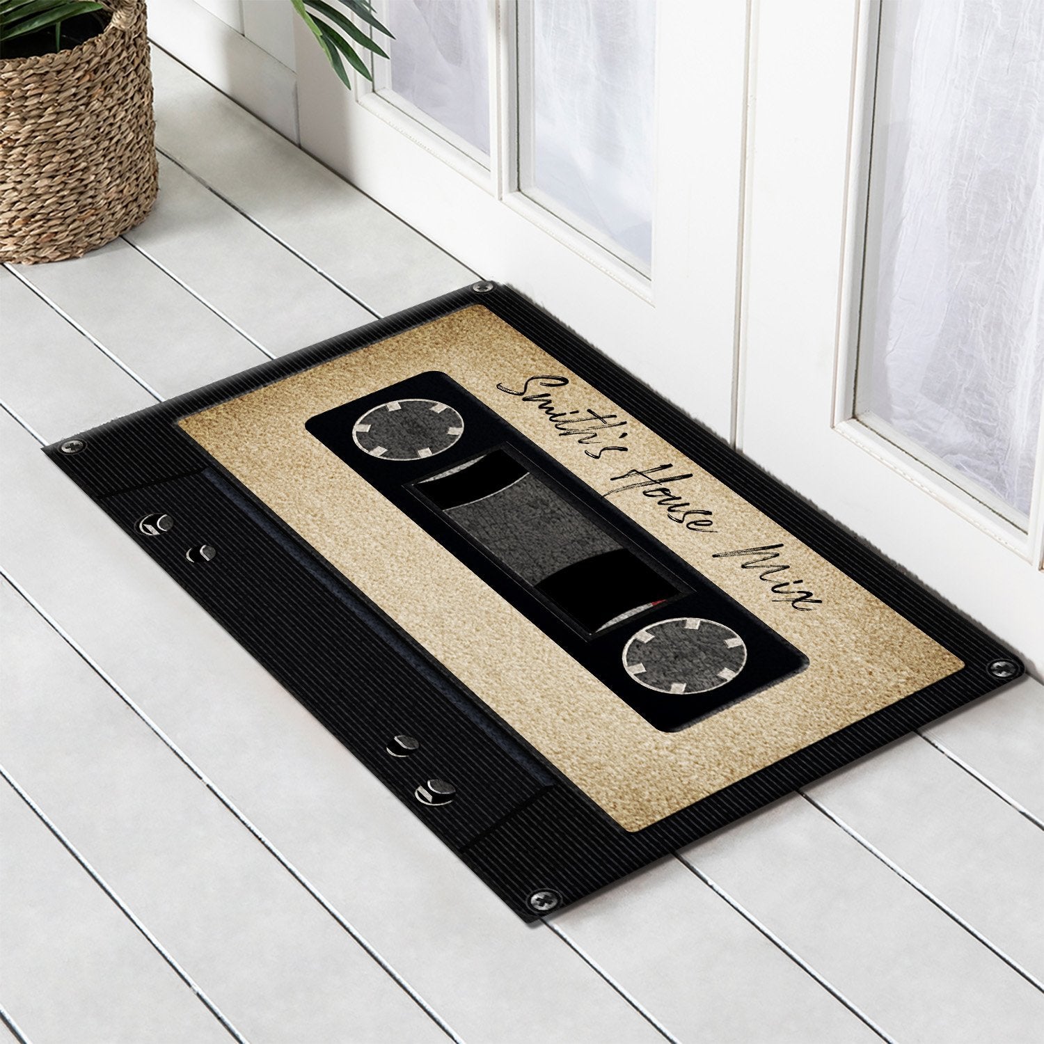 Custom Doormat, Personalized Family Name, Black Cassette Tape