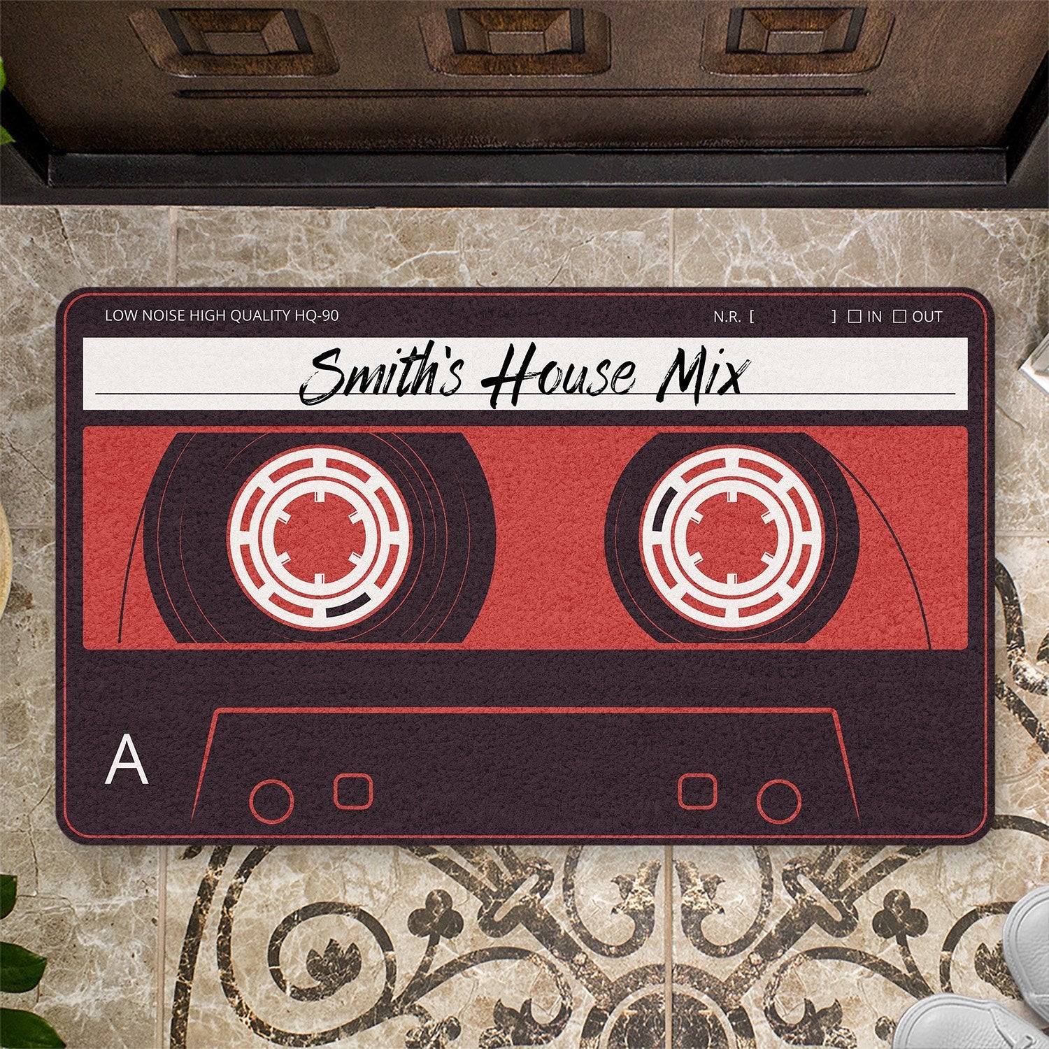 Custom Doormat, Personalized Family Name, Red Cassette Tape