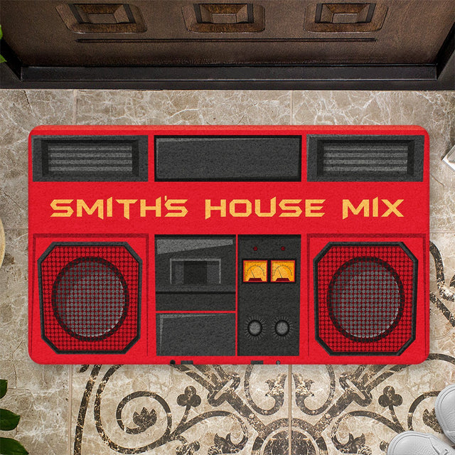 Custom Doormat, Personalized Family Name, Red Radio Player
