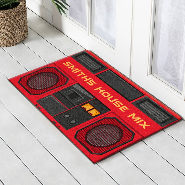 Custom Doormat, Personalized Family Name, Red Radio Player
