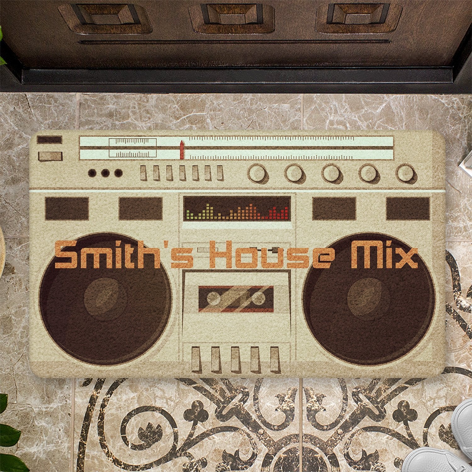 Custom Doormat, Personalized Family Name, Vintage Radio Player