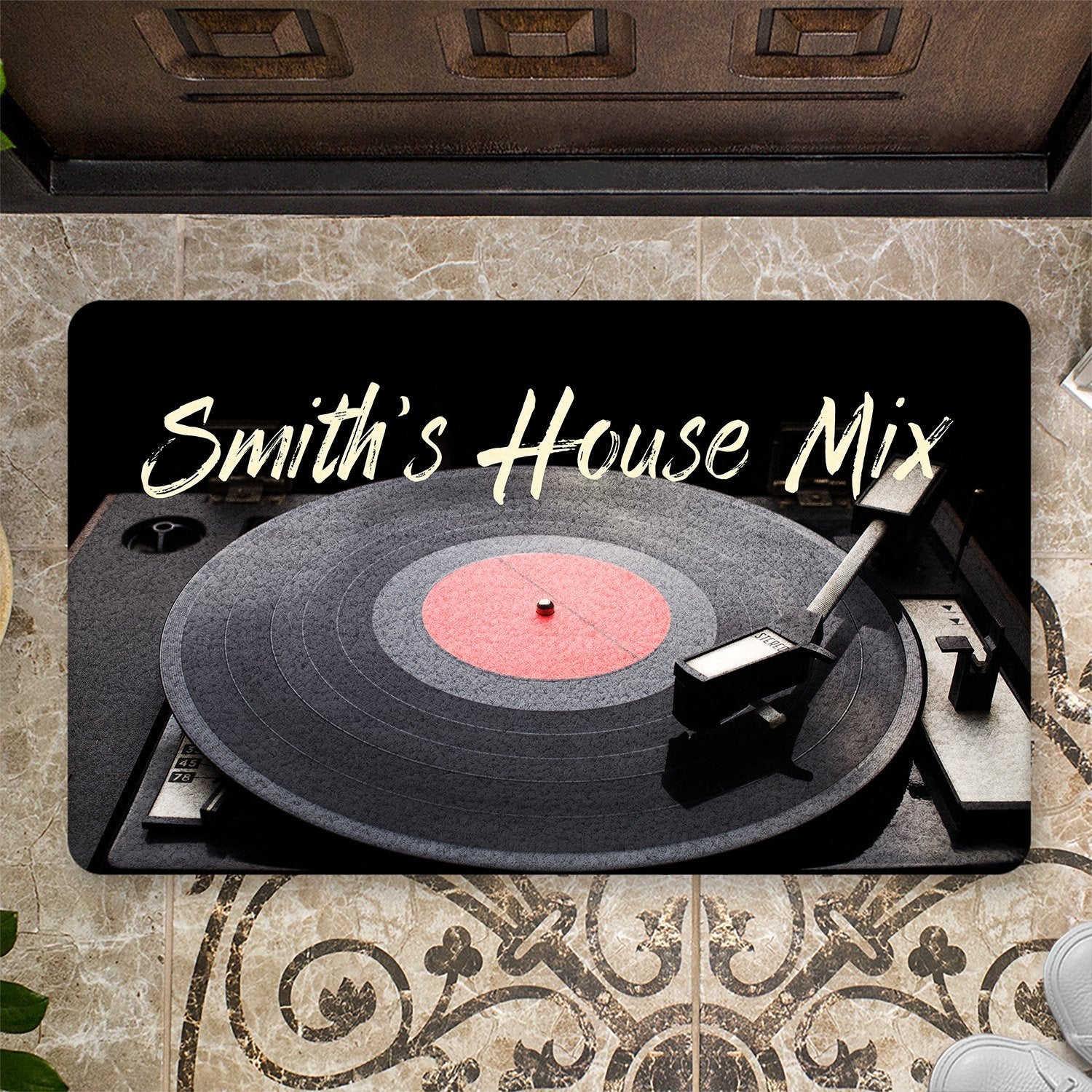Custom Doormat, Personalized Family Name, Vinyl Record Player