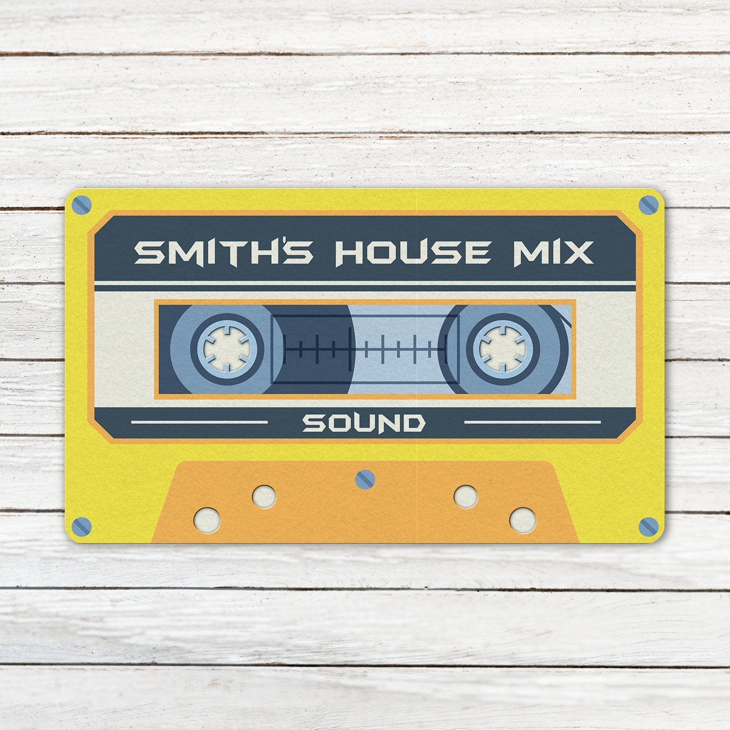Custom Doormat, Personalized Family Name, Yellow Cassette