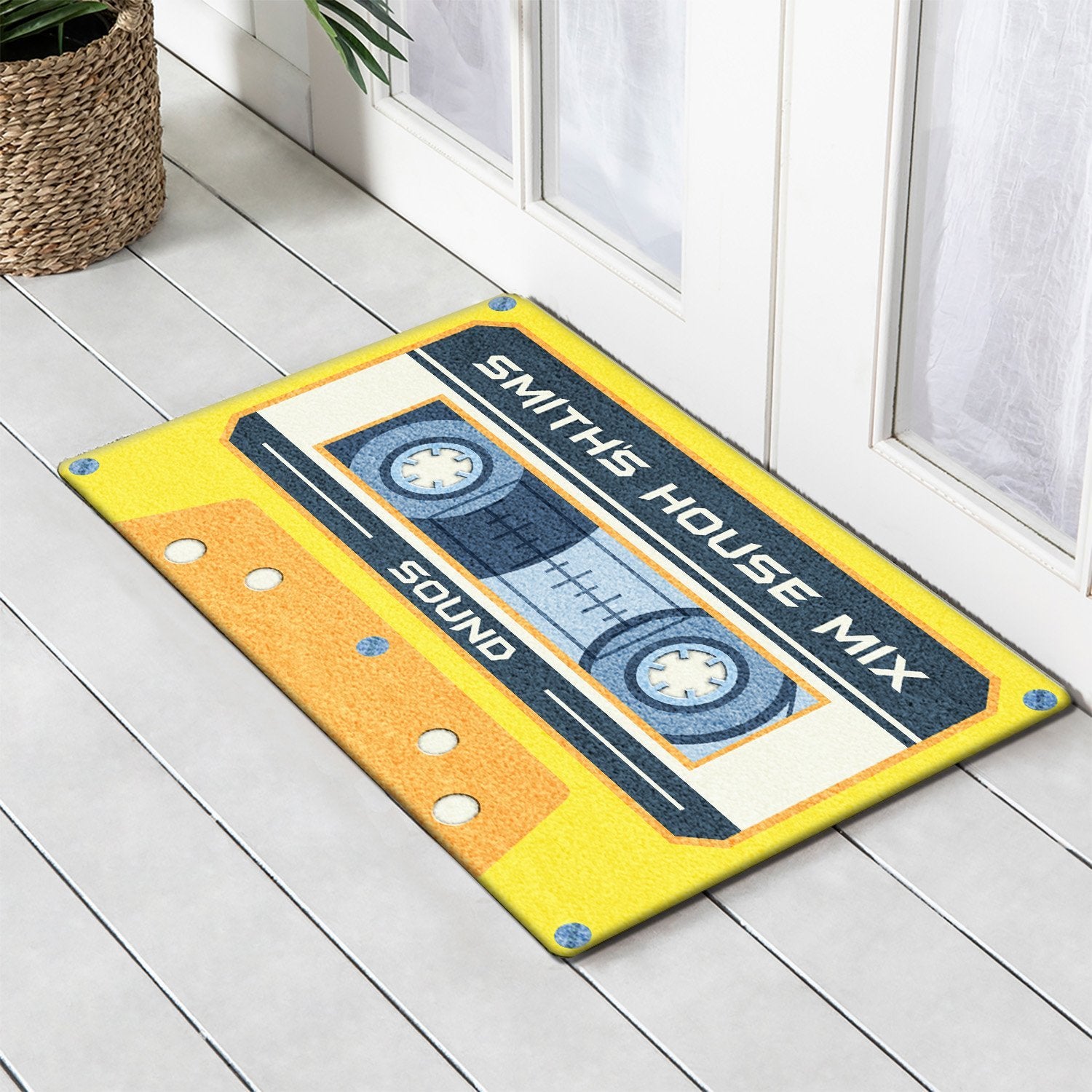 Custom Doormat, Personalized Family Name, Yellow Cassette