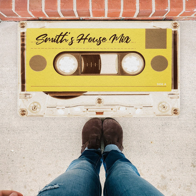 Custom Doormat, Personalized Family Name, Yellow Cassette Player